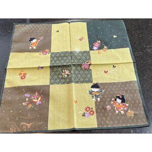 Vintage Japanese Handkerchief Little Boy & Girl Playing Butterflies And Flowers